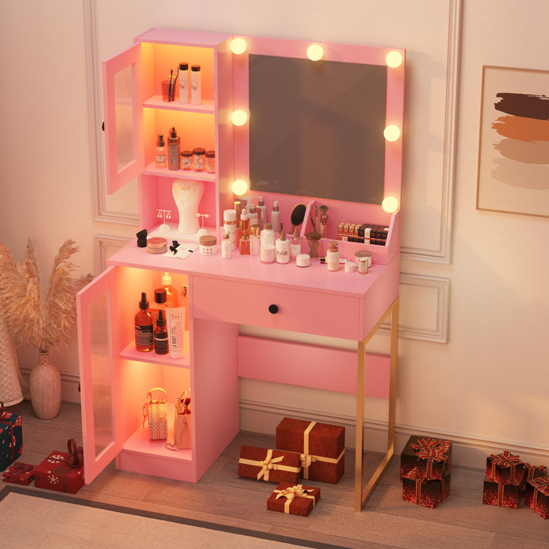 Vanity Desk with Mirror and Lights Elegant Makeup Vanity Table with Drawers & Cabinets, Storage, Sturdy MDF Top, Adjustable Brightness Bulbs, Built-in Power Outlet & USB Ports for Bedroom
