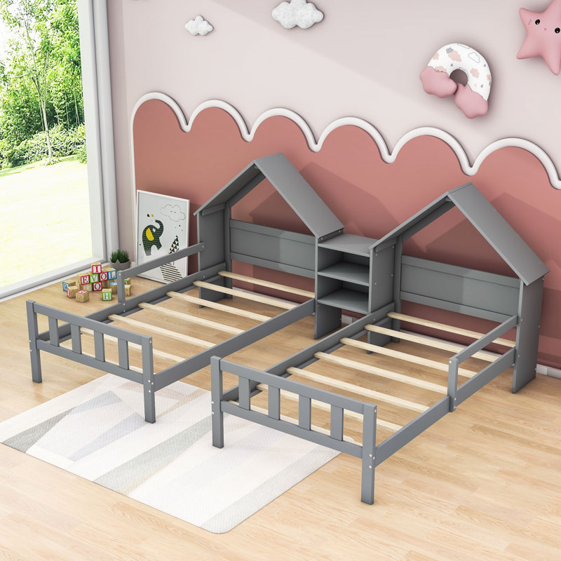 Daebreona Double Twin Platform Bed with House-shaped Headboard and a Built-in Nightstand, Grey