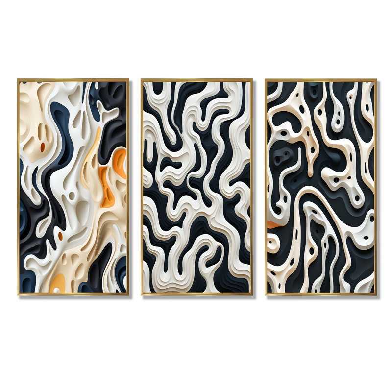 Black White Labyrinth Pattern, Gold Floater Framed, 32" H x 48" W