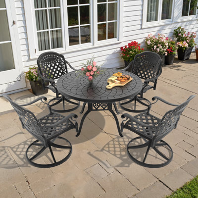 5-Piece Round Outdoor Dining Set, 1 Black Table & 4 Red Cushioned Swivel Chairs, UV & Rust Resistant for Patio Garden Backyard