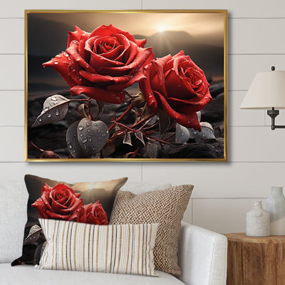 Champ de roses rouges et noires avec coucher de soleil