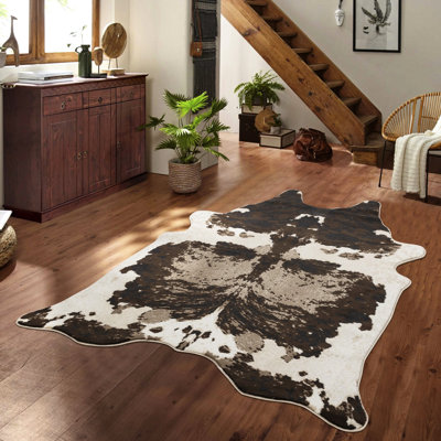 5 pi Tapis brun X 7 avec motif en peau de vache, fabriqué à la machine, idéal pour les brises familiales, les chambres rustiques modernes et confortables,