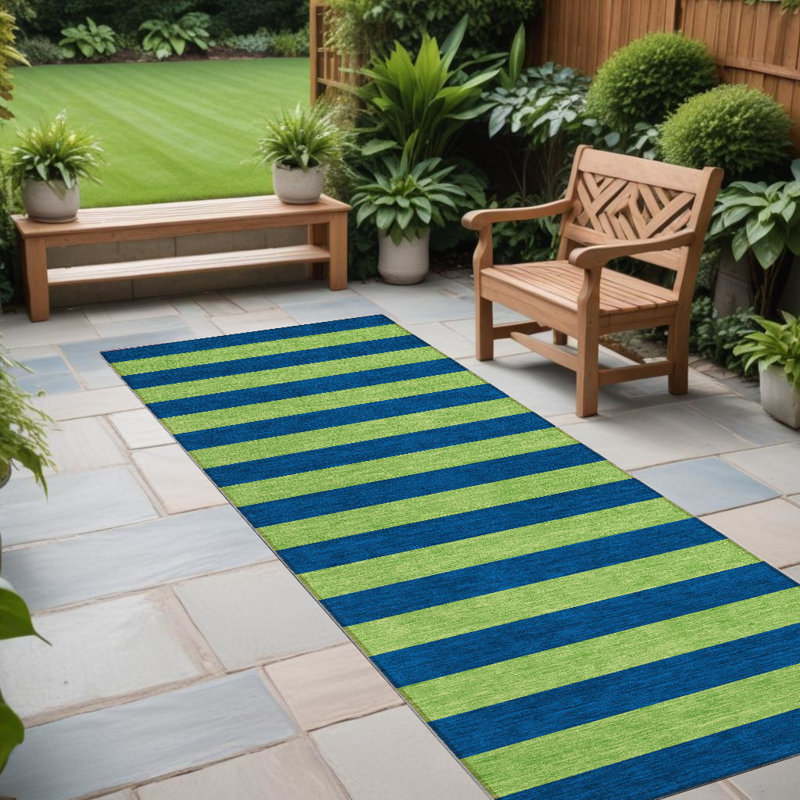 8' Runner Navy Blue Striped Washable Non Skid Indoor Outdoor Runner Rug