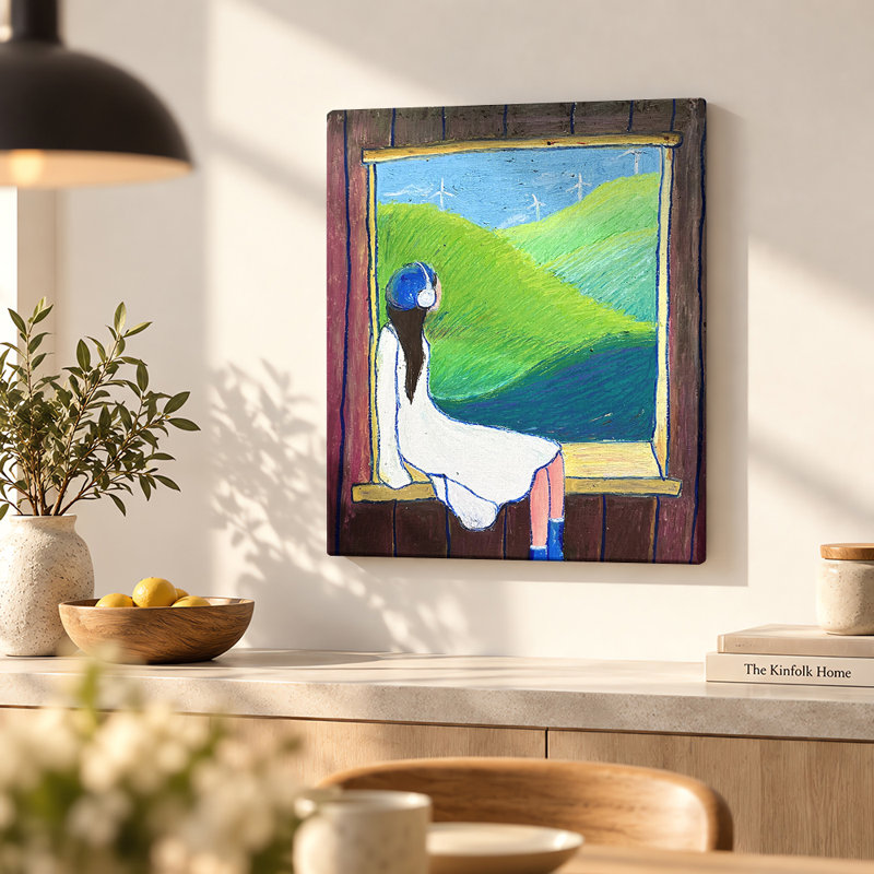 Femme contemplant des collines verdoyantes, tableau sur toile, 14"H x 11"W, Toile tendue avec châssis