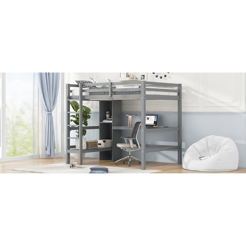 Lit mezzanine double gris avec bureau intégré et tablettes multifonctionnelles, base en bois de pin, structure sans poupée