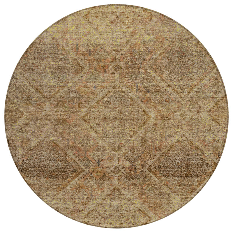 Machine Washable Indoor/Outdoor Xhevrie Khaki Rug, Round 8'