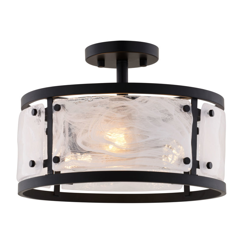Wilder 3-Light 13 In. Wide Matte Black Contemporary Modern Drum Semi Flush Mount Lighting Fixture, White Swirl Glass Shade, Dimmable LED Compatible For Low Ceilings, Bedroom, Hallway, Kitchen, Entryway