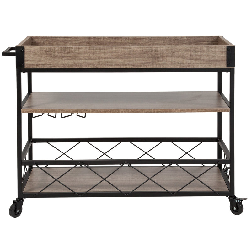 Distressed Wood Kitchen Bar Cart with Stemware Rack and Panel Border Bottom Shelf