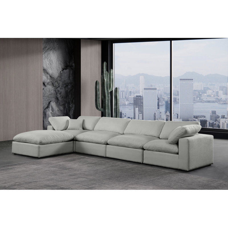 Canapé modulaire 5 pièces rembourré, Tissu gris texturé en lin