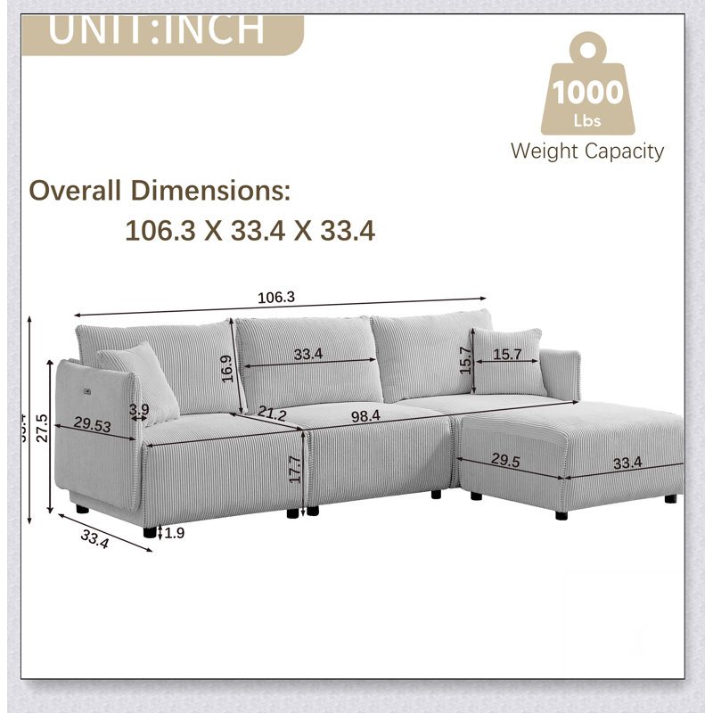 106" Multi-Module Combination Style Sofa For Living Room, Bedroom And Other Lounge Spaces, Gray Fabric
