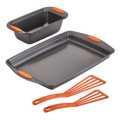 Rachael Ray Bakeware Oven Lovin' 4 Piece Nonstick Bakeware Set with Cookie Sheet, Loaf Pan, and Utensil Set