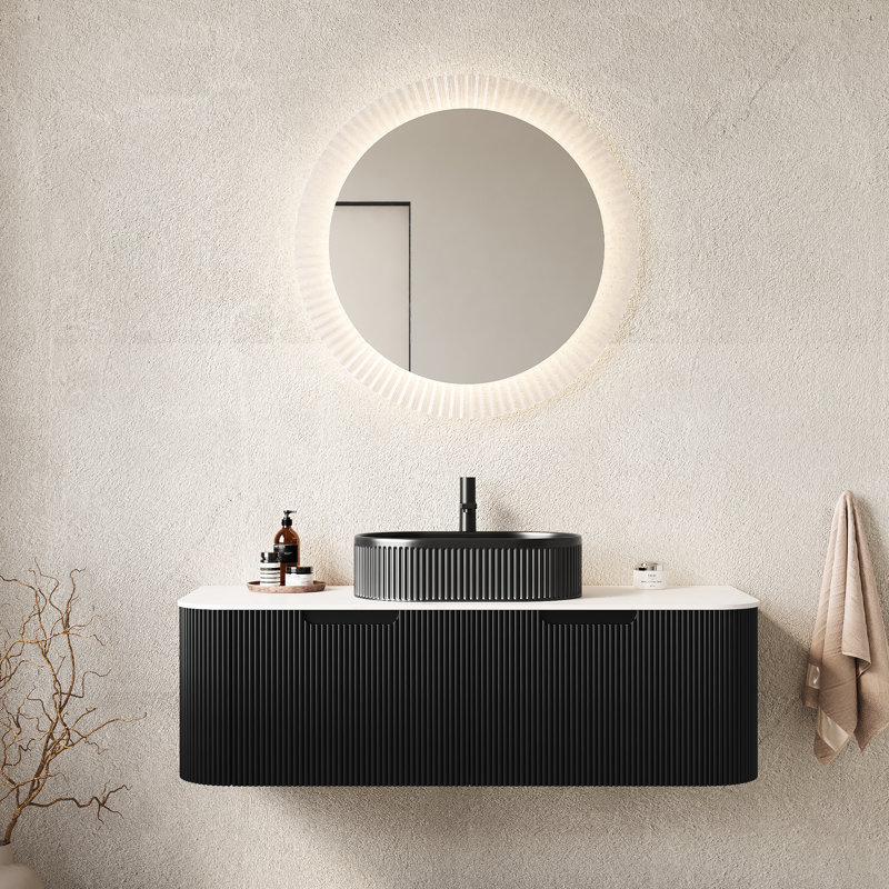 Meuble-lavabo moderne de 48 po avec lavabo vasque en céramique noire, 2 tiroirs, armoire rayée 3D mat, grand espace de rangement et comptoir