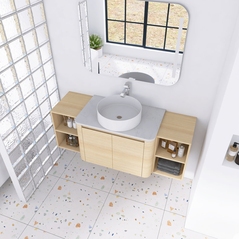 Meuble-lavabo mural 54 po avec lavabo d'art en céramique et 2 tablettes de rangement, chêne blanc américain, Blanc