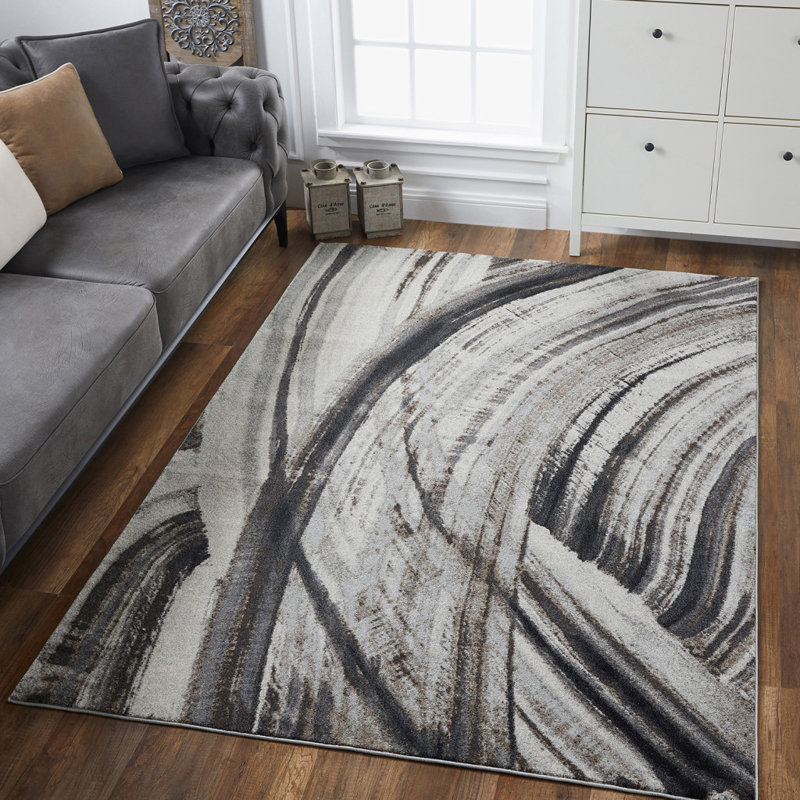 Tapis moderne gris à motif abstrait ivoire, Rectangle 7 pi x 10 pi