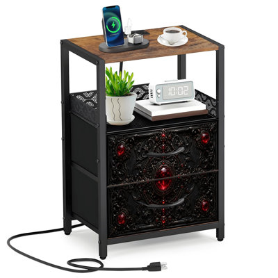 Gothic 2 Fabric Drawers Night Stand with Charging Station Ornate Gothic Black Relief Red Gem Accents Intricate Baroque Bedroom Bedside Table End Table with Open Shelf USB Ports and Outlets