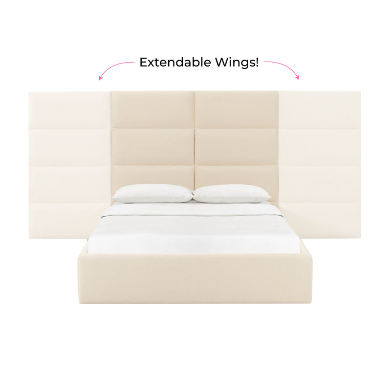 Cream Velvet Upholstered Queen Bed with Adjustable Headboard