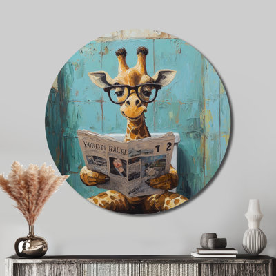 Girafe lisant les nouvelles dans la salle de bain - Décoration murale ronde en métal girafe