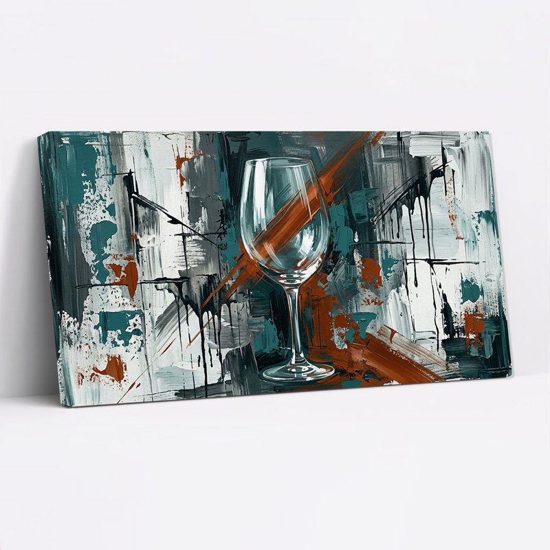 Tableau mural sur toile représentant un verre à vin avec un fond turquoise et rouille abstrait, 40“W x 20”H
