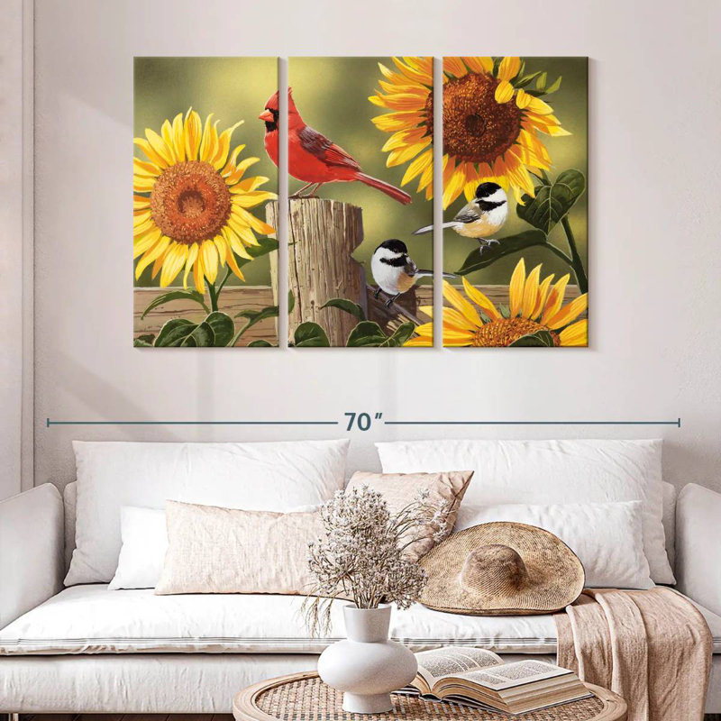 Tournesols et oiseaux chanteurs, H 32 po x l 50 po