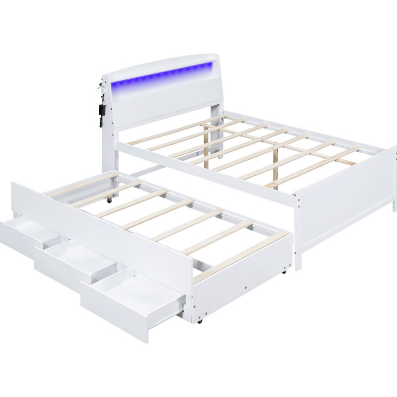 Lit plateforme double avec rangement, tête de lit à DEL, lit gigogne simple, 3 tiroirs, blanc et bois massif et lit de construction avec tête de lit avec rangement, tiroirs pour un sommeil réparateur