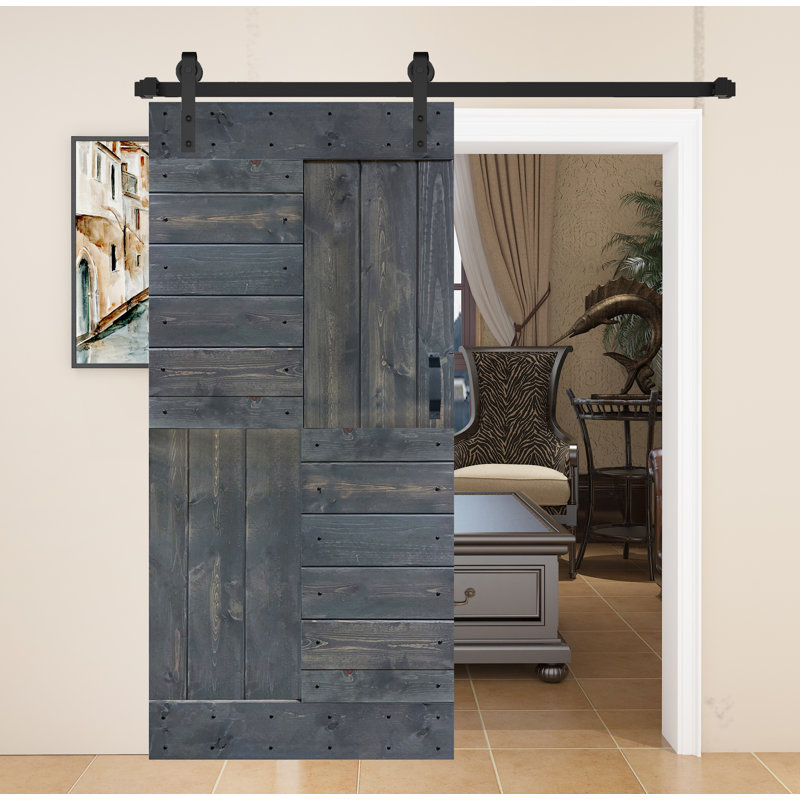 Porte de grange à panneaux en bois S Series avec trousse de quincaillerie d'installation, Gris carbone, 36 po x 84 po