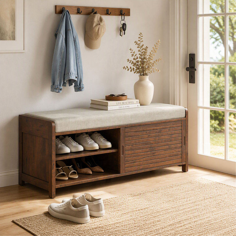 Banc à chaussures en volets vieillis avec rangement et coussin, charme rétro pour salon et entrée, Espresso