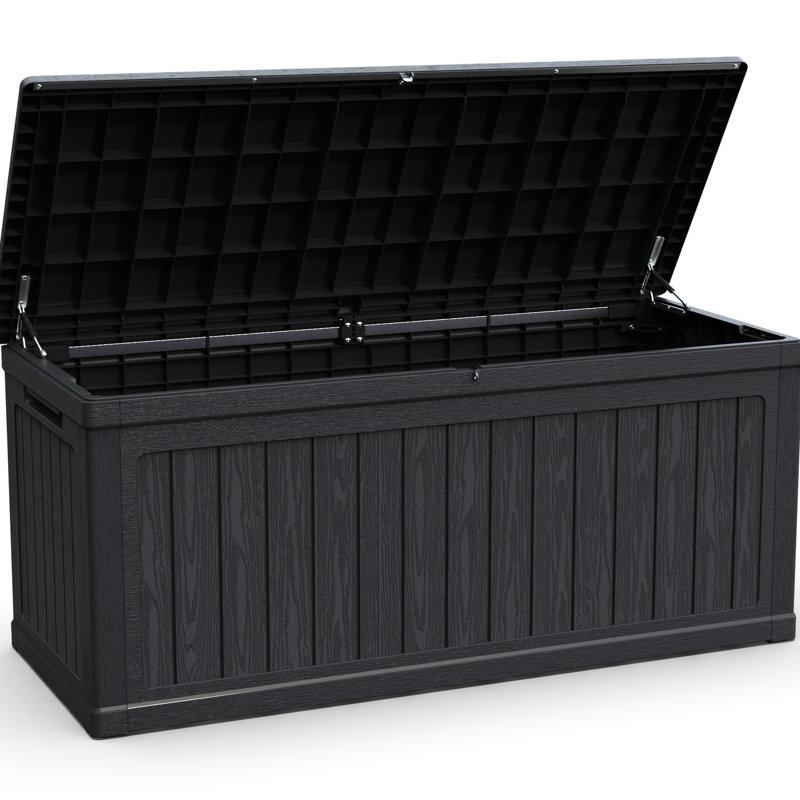 Coffre de rangement XXL pour terrasse, 260 gallons (environ 985 litres), noir, résine étanche, verrouillable, construction à double paroi, idéal pour ranger l'équipement de piscine, les outils de jardin et peut servir de siège.