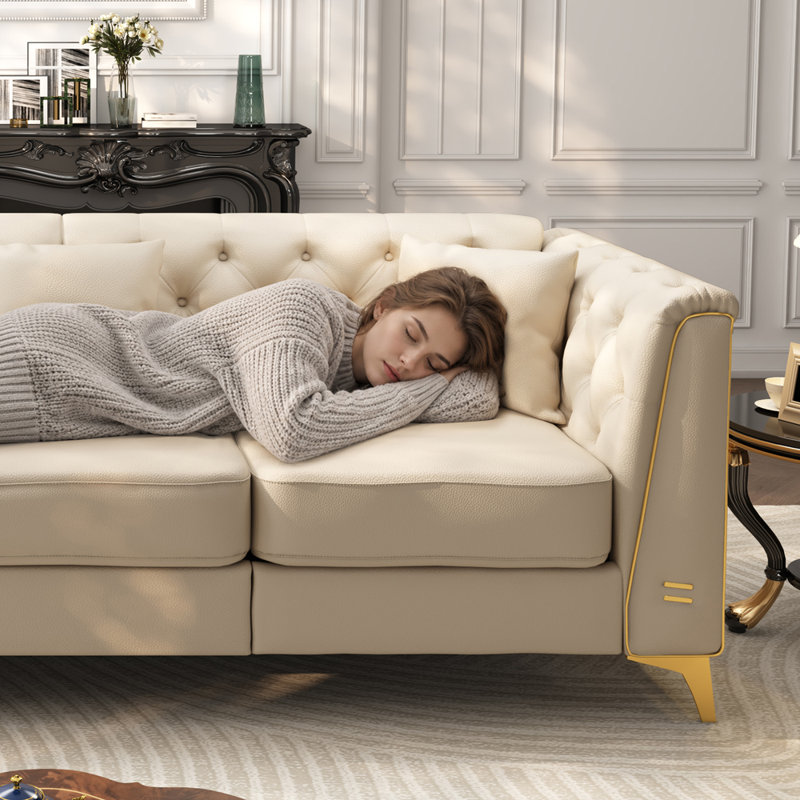 Canapé 3 places avec 1 repose-pieds et 3 coussins, Beige Faux Leather