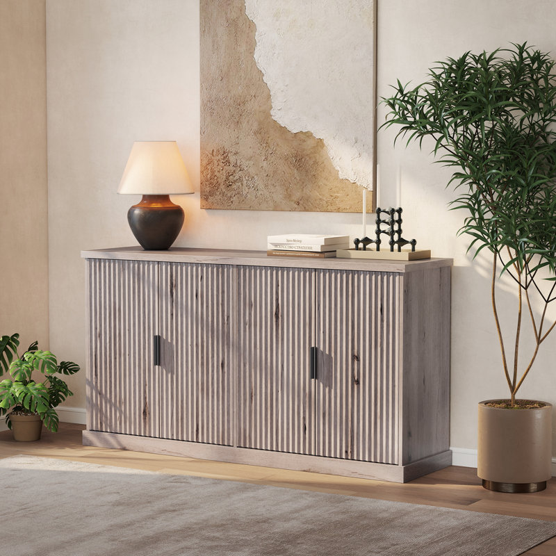 Armoire buffet de 58,3 po de largeur, buffet, console avec tablettes réglables, portes cannelées, Gris