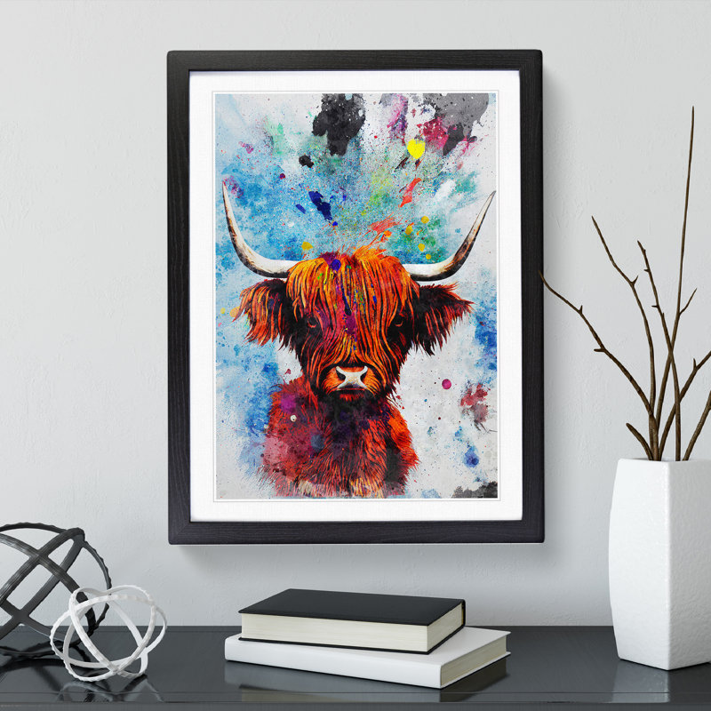 Highland Cow Splash No.1 - Single Picture Frame Painting, Black, 64cm H x 46cm W x 2cm D