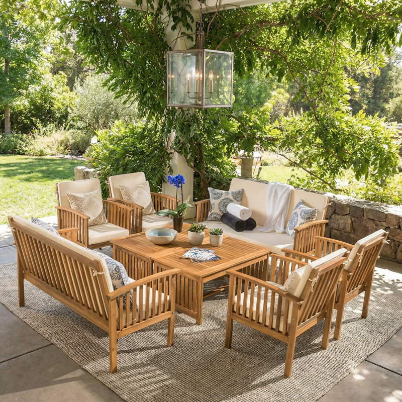 Amorae Acacia 8 - Person Patio Conversation Set with Cushions, Natural Frame/Cream Cushion
