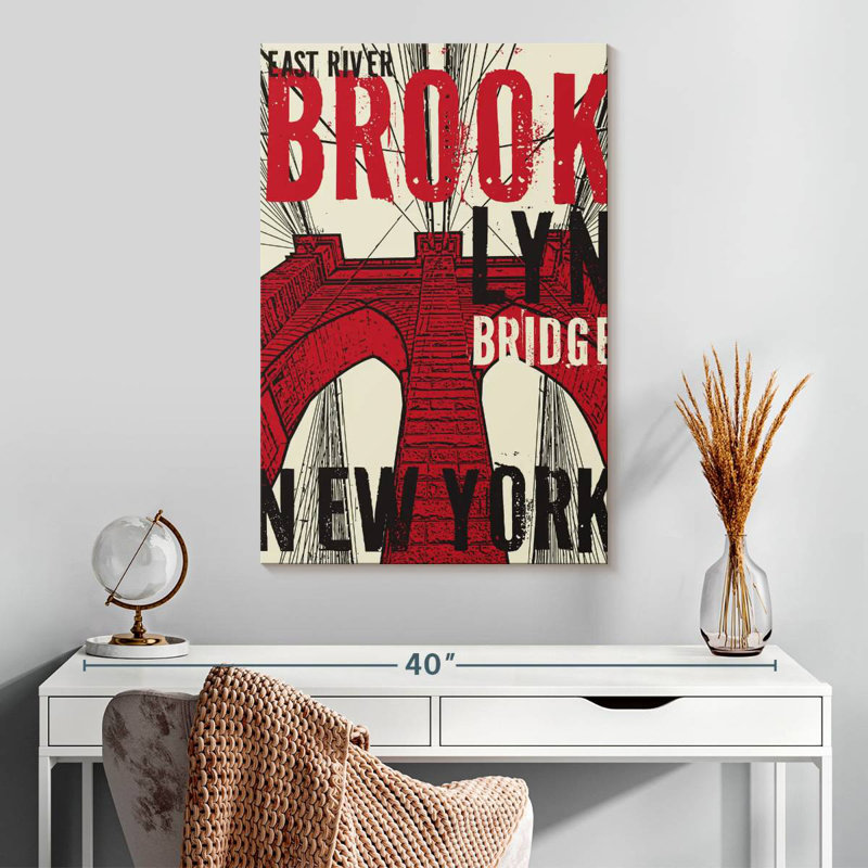 Aime Red Grunge Brooklyn Bridge, 30" H x 20" W