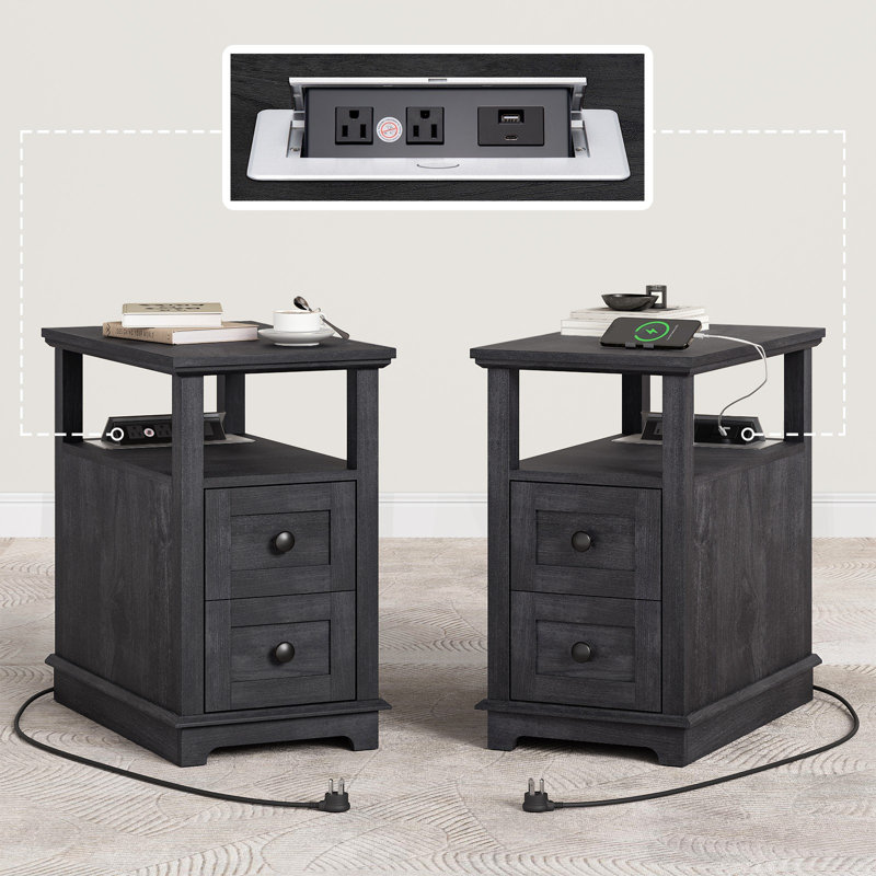 2 Drawers Bedroom Nightstands with Storage and Fast Charging Station, Black, Individual
