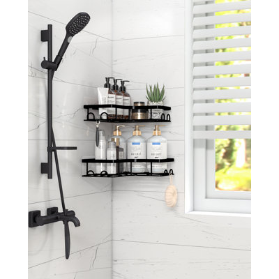 Corner Shower Caddy - 2 Pack, Adhesive Shower Organizers, Rustproof Stainless Steel Shower Shelves with 8 Hooks, No Drilling Bathroom Organizers and Storage Racks, Space-Saving, Black,Medium
