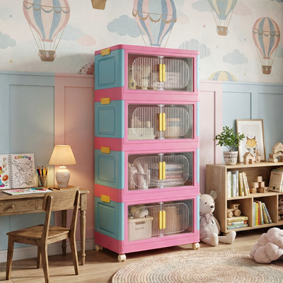 Armoire de rangement pliante à 4 niveaux de 20 po de largeur avec roulettes et bac de rangement pliable en plastique avec portes magnétiques (noir / noir rétro / brun rétro / bleu-rose)