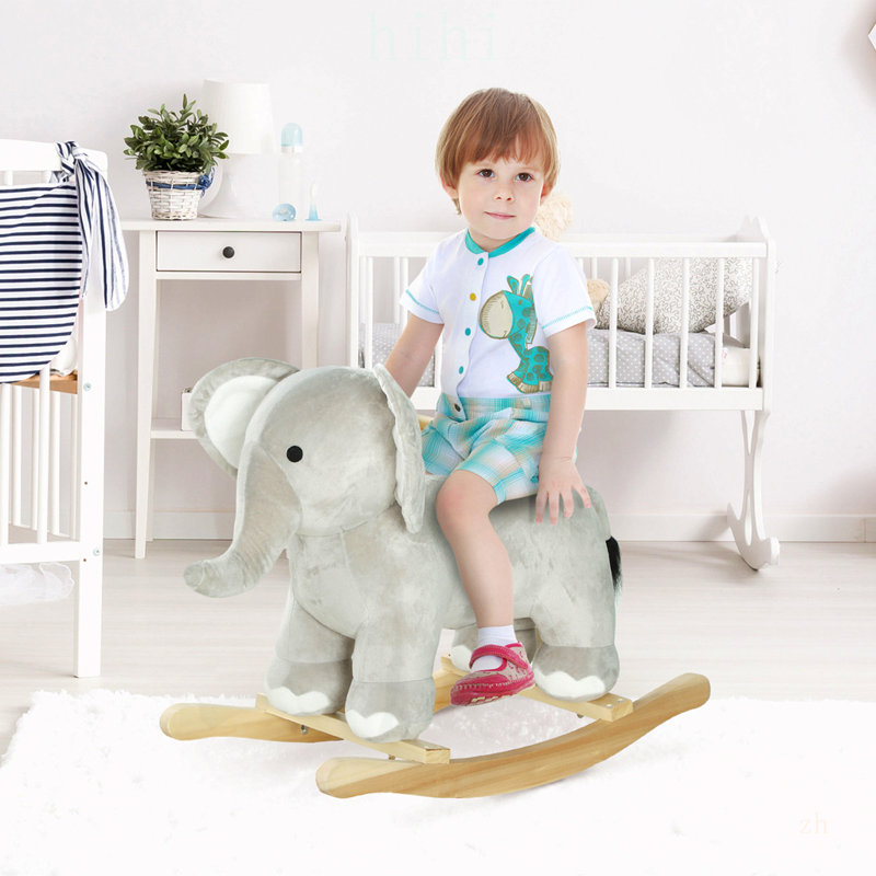Cheval à bascule éléphant charmant aux sons réalistes, peluche douce pour les enfants de 2 à 4 ans, gris