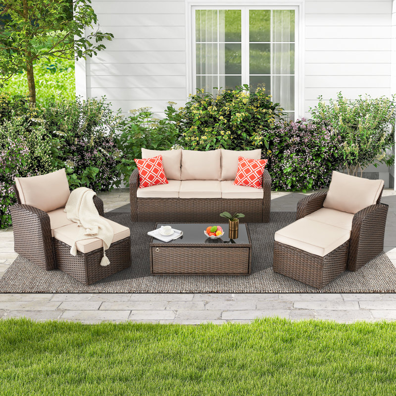 7 - Person Modular Patio Conversation Set with Cushions, Khaki Cushion/Brown Frame