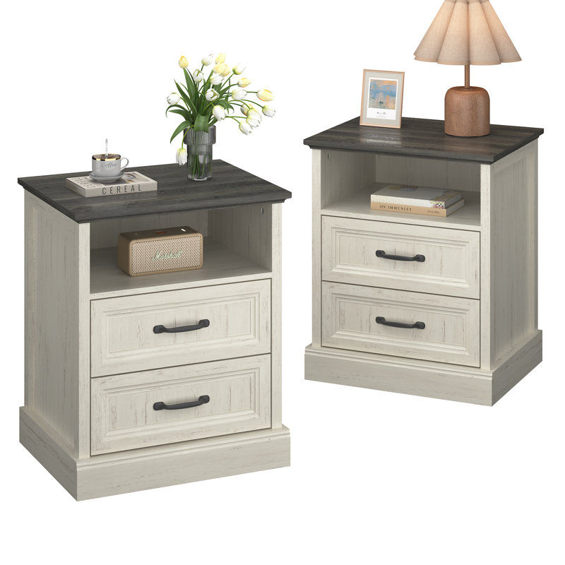 Farmhouse Nightstand With 2 Drawers, Wooden Bedside End Table Small Dresser For Bedroom, Living Room, White
