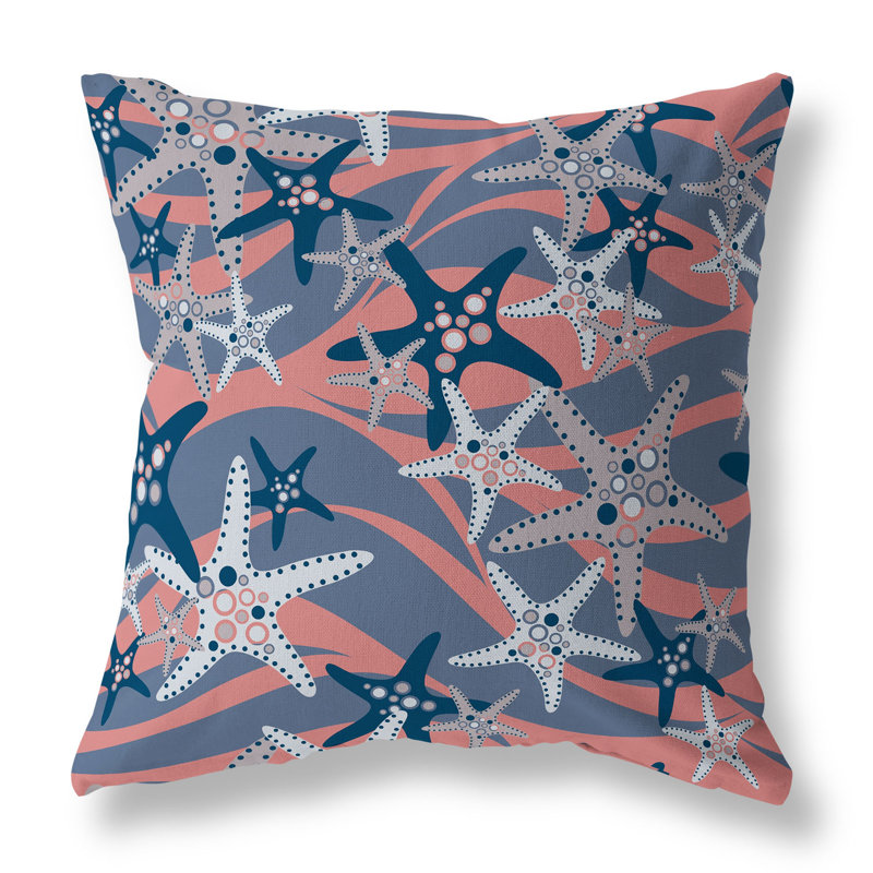 Coussin décoratif intérieur / extérieur Starfish Sway, H 16 po x l 16 po, Bleu / brun / rose
