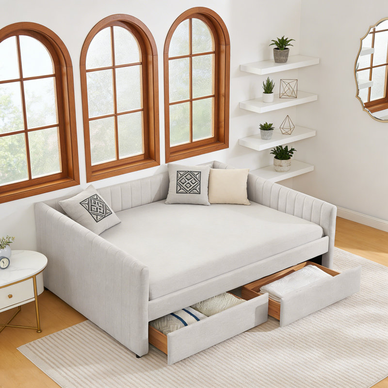 Queen Size Daybed With Two Drawers, Beige