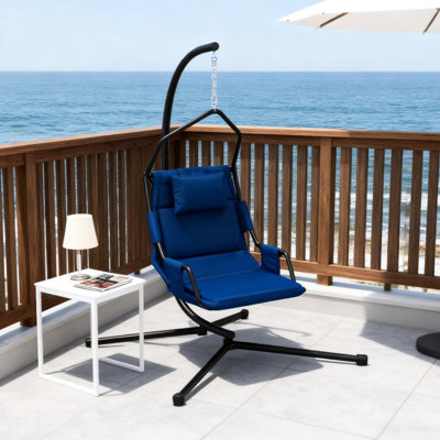 Chaise suspendue avec support, assise confortable rembourrée et coussin en tissu enduit de peinture en poudre, cadre en acier poudré, crochet à ressort réglable pour une balançoire en toute sécurité, support et coussin avec revêtement pour une utilisation intérieure et extérieure.