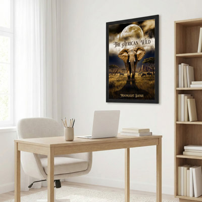 African Wildlife Elephant Moonlight Safari Canvas Wrapped Wall Art Oil Painting Print (Set Of 1)