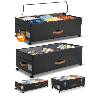 Rangement sous le lit avec roulettes, bacs roulants avec couvercles, paquet de 2 (noir)