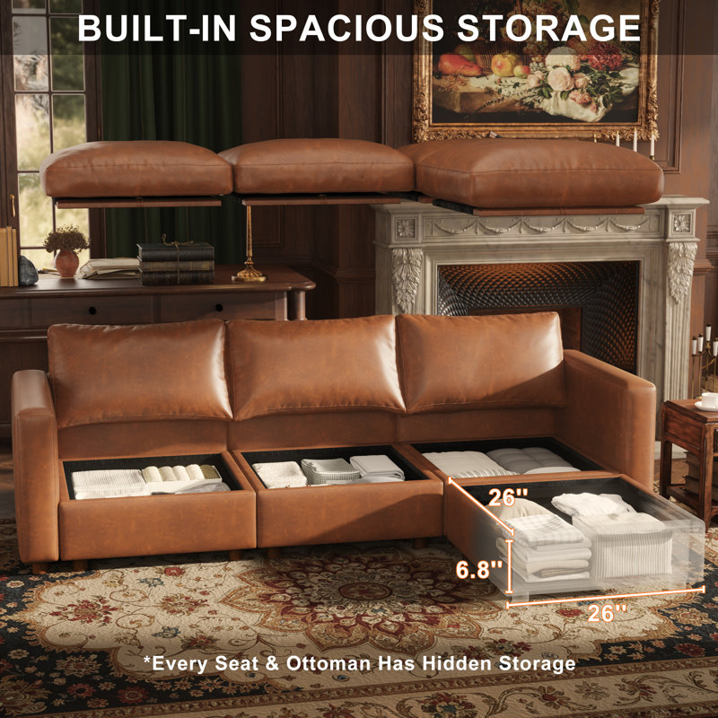 99" Leather Upholstered Sectional Sofa with Hidden Storage, CAMEL, 7Seaters-2s