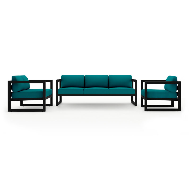 Avion 3 Piece Sofa Loveseat Set, Spectrum Peacock Sunbrella® Plainweave, Black