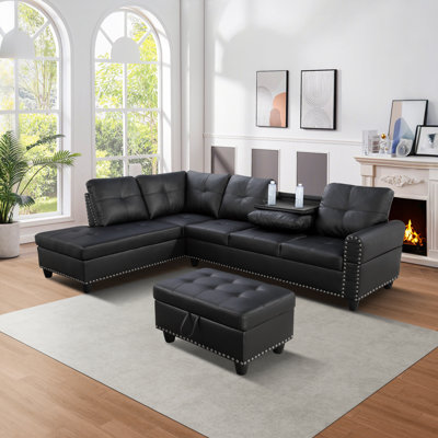 Canapé modulaire réversible moderne avec repose-pieds de rangement, table basse pliable et porte-gobelets, canapé en similicuir en forme de L