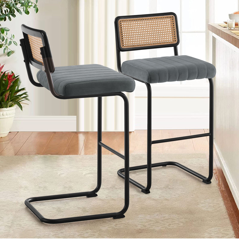 Tabouret rembourré en velours Krickelin, Noir, Gris, Tabouret de bar (siège d’une hauteur de 30 po)
