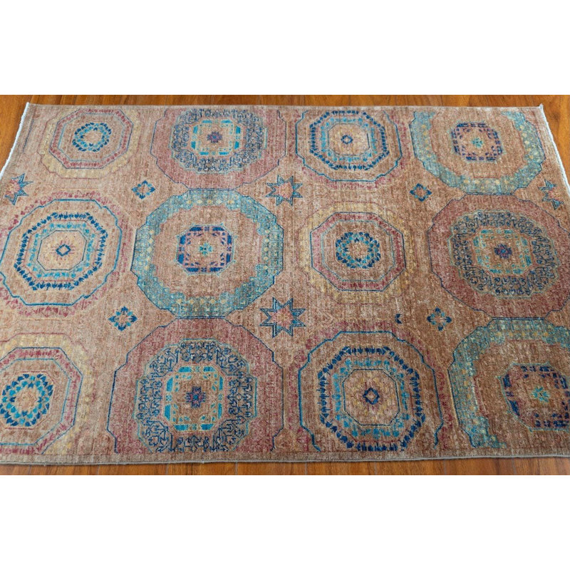 Tapis en laine noué à la main à motif géométrique ton de terre (3 pi 3 po x 5 pi)