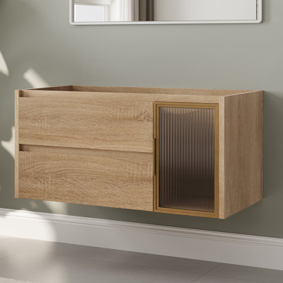 Base de meuble-lavabo mural en bois naturel 36 po, armoire de salle de bain flottante en bois massif multicouche avec porte cannelée en acrylique et tiroirs à fermeture en douceur, sans lavabo