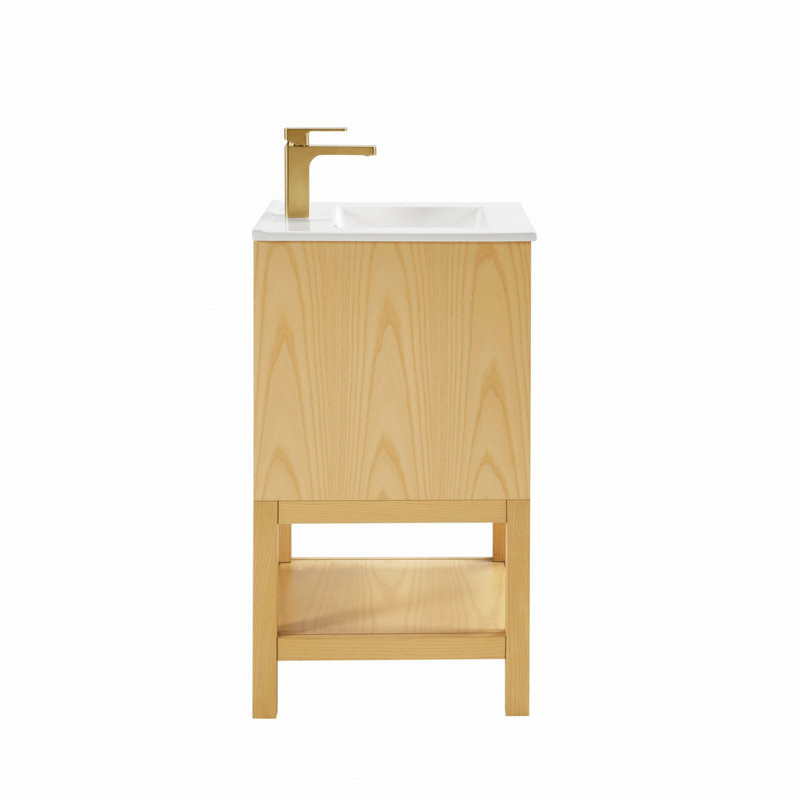 Meuble-lavabo en bois avec tablette réglable, Bois de frêne naturel